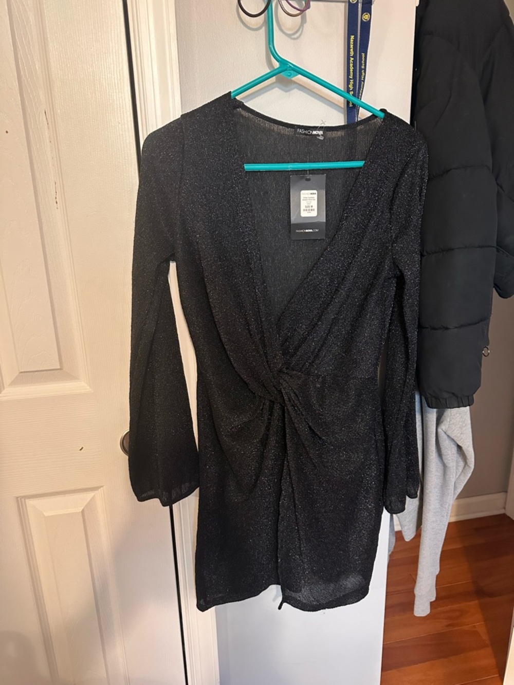 Fashion Nova Black Sparkle Twist-Front Long Sleeve Mini Dress
